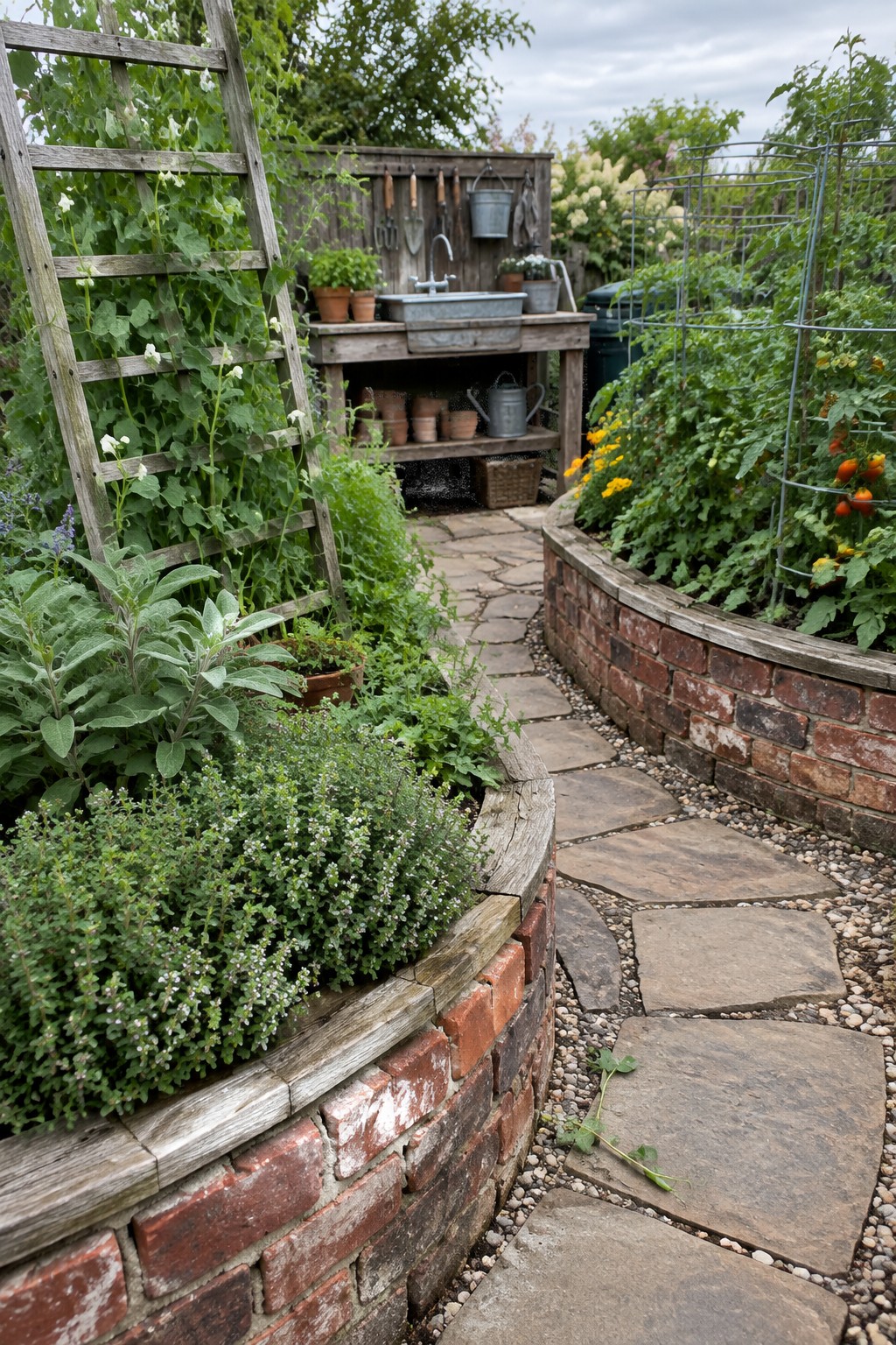 Stone path winds past brick beds, potting bench, tomatoes, and climbing vines.