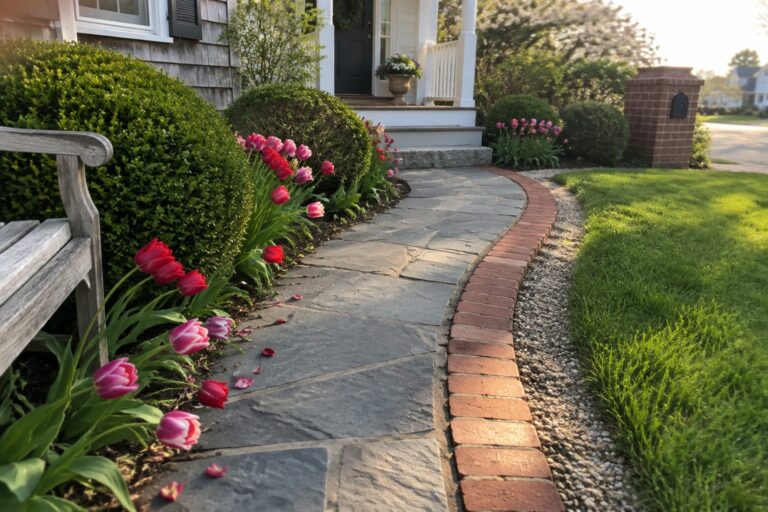 A curved stone pathway edged with red bricks, with pink and red tulips growing along the left side next to green shrubs.