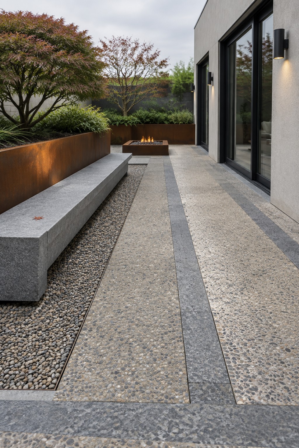 A garden walkway of large stone pavers with gravel strips running between them, next to a long concrete bench and metal planters.
