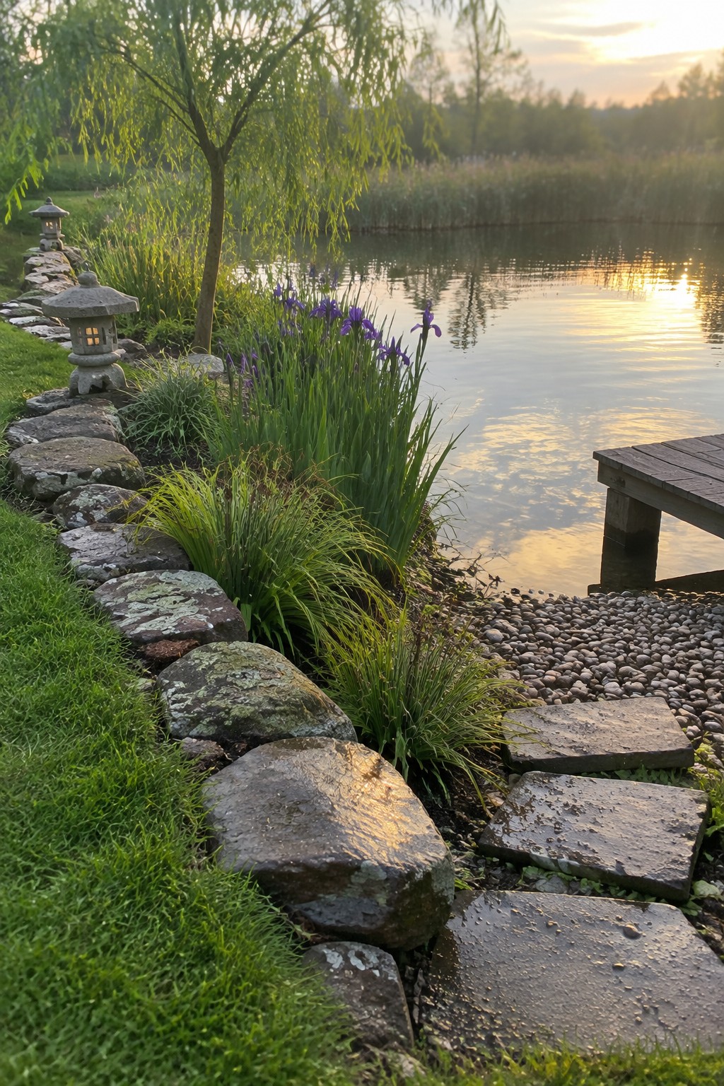 Large irregular stones edge a lawn beside a pond, with purple irises, a gravel path, and stepping stones leading to a wooden dock.