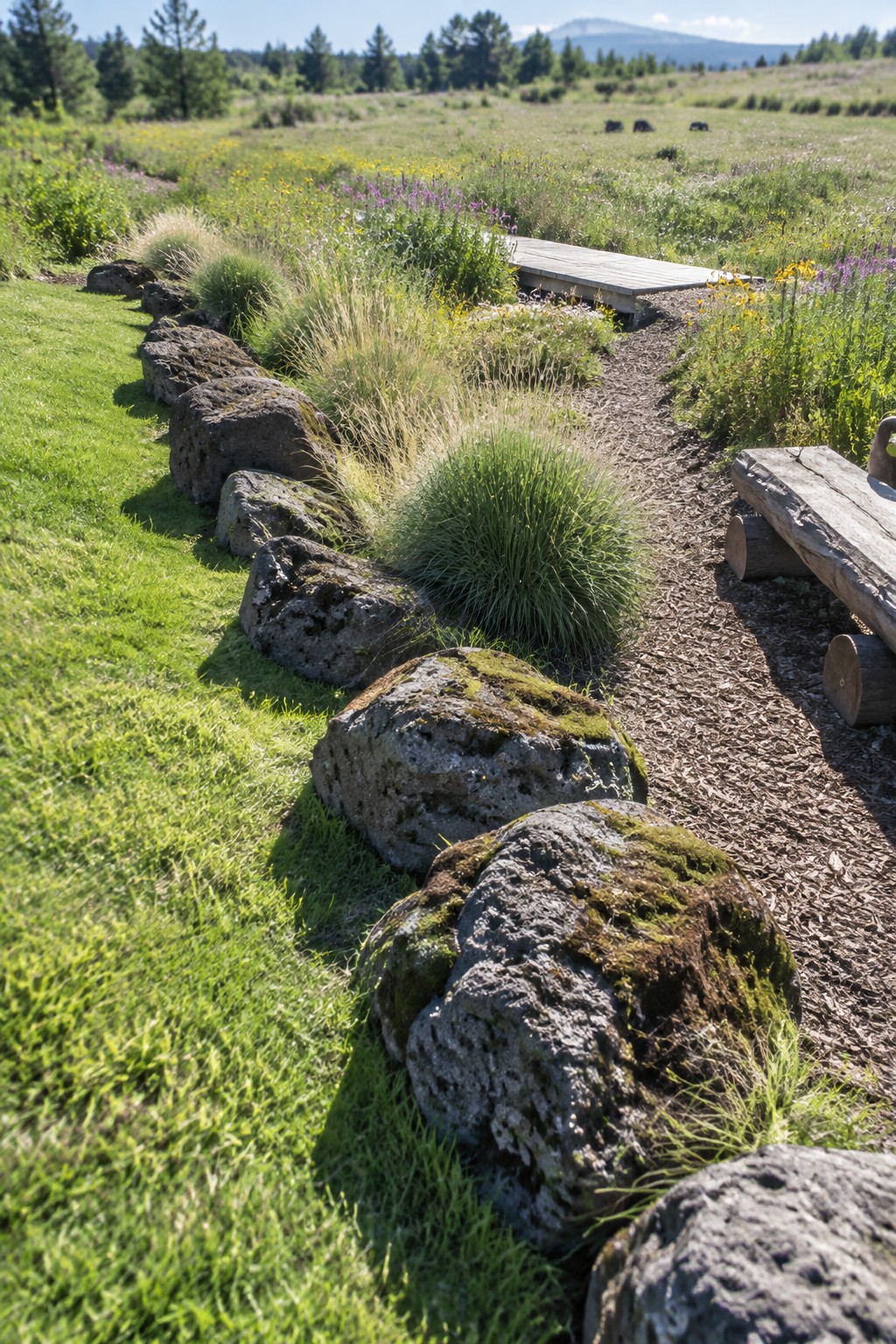 A line of large mossy rocks edges a green lawn beside a wood chip path with wildflowers and a wooden bench nearby.