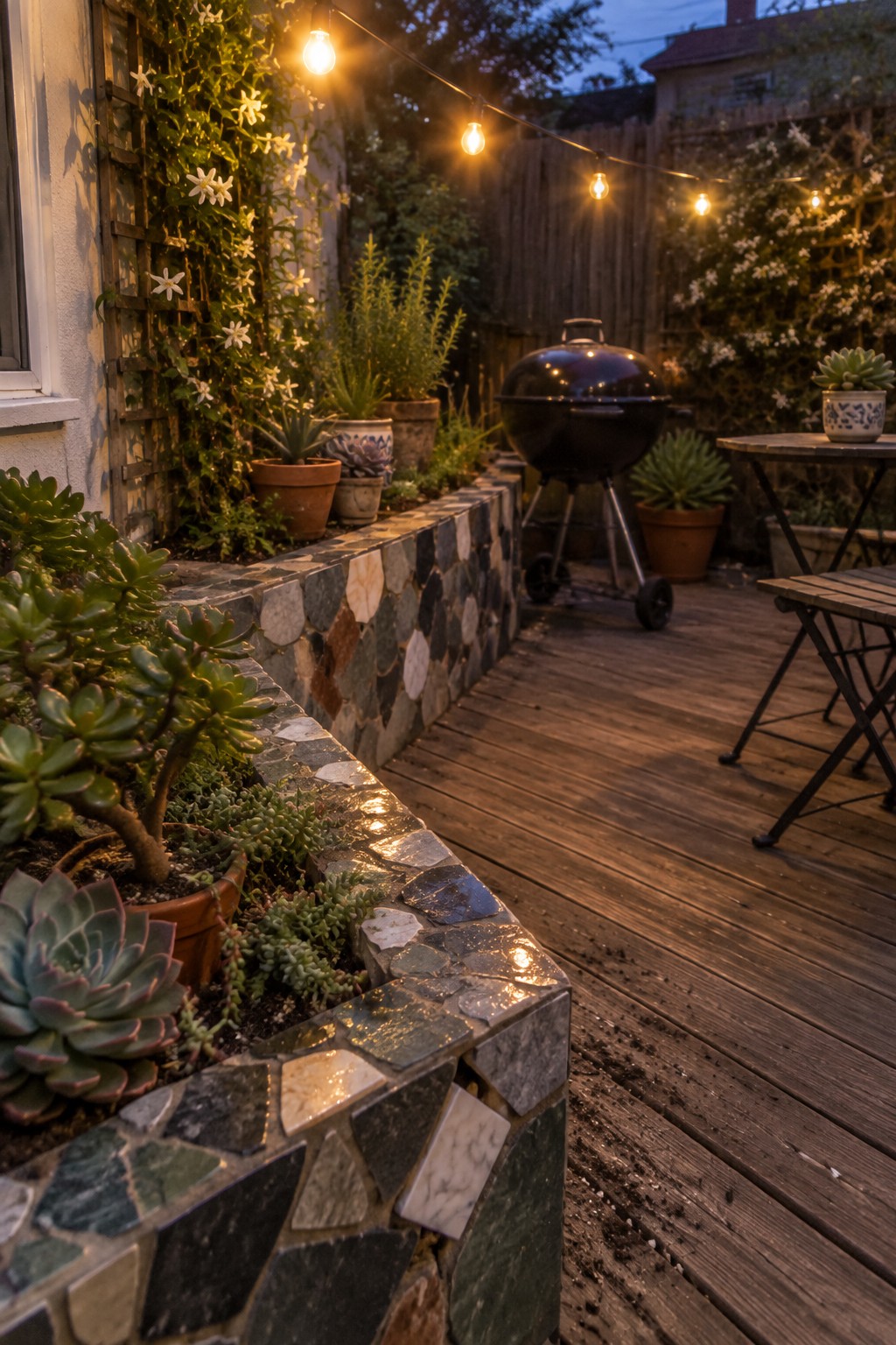 Low mosaic stone edging borders raised garden beds with succulents next to a wooden deck at dusk.