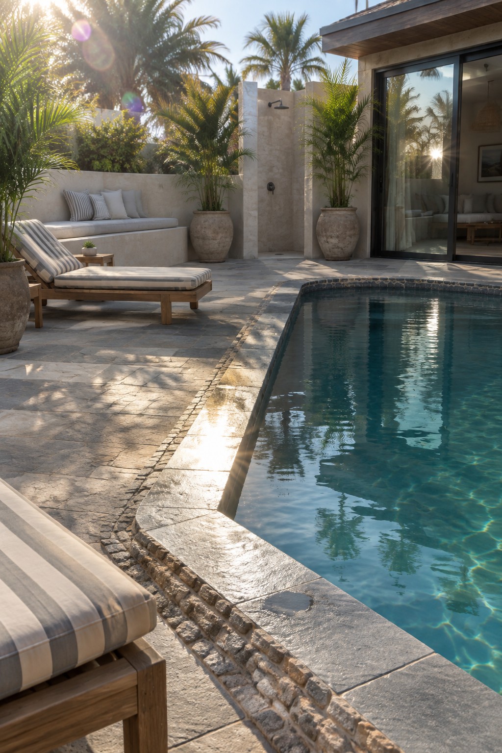 A rectangular pool with large gray stone coping and a cobblestone border along the edge, set on a stone patio with potted plants and wooden lounge chairs nearby.