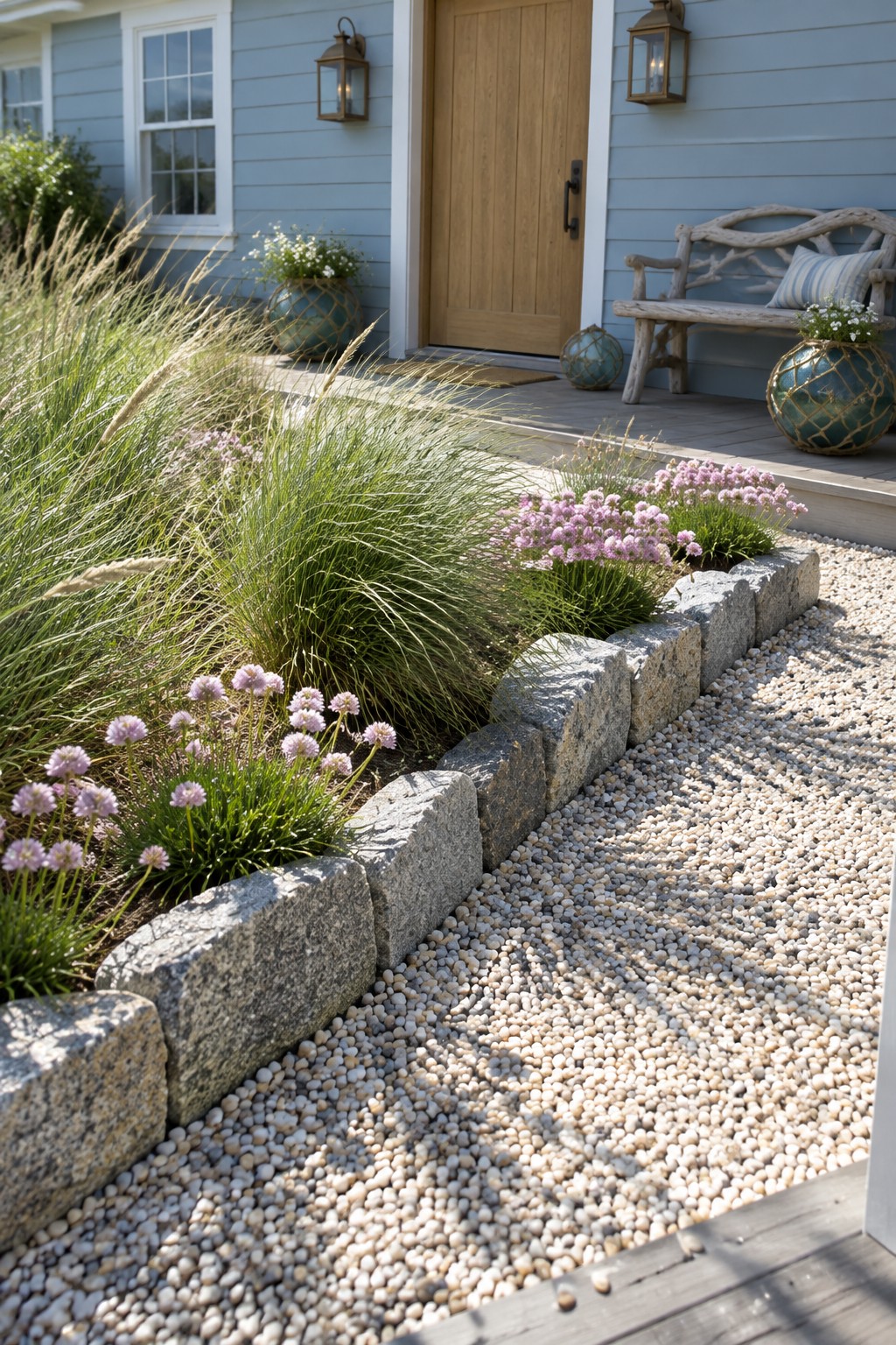 A garden bed edged with large gray stone blocks separates pink flowering plants from light gravel beside a light blue house porch.
