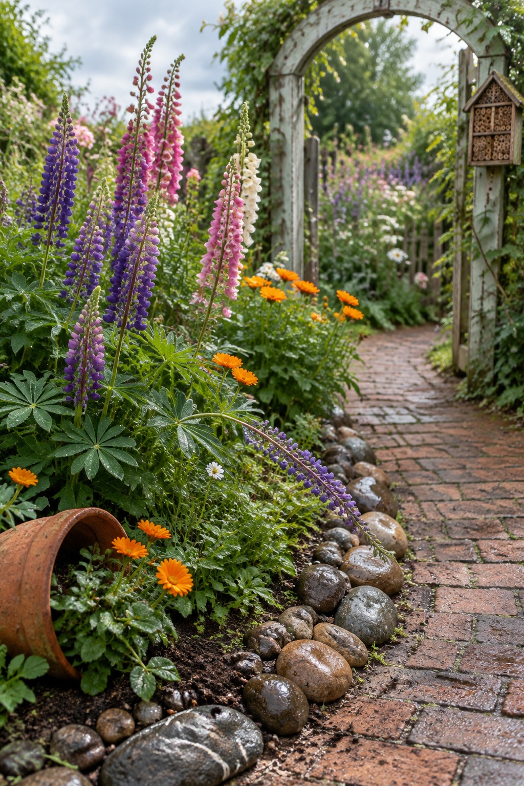 A brick garden path edged with large rounded stones, with tall purple and pink lupines, orange marigolds, and a tipped terracotta pot in the flower bed.