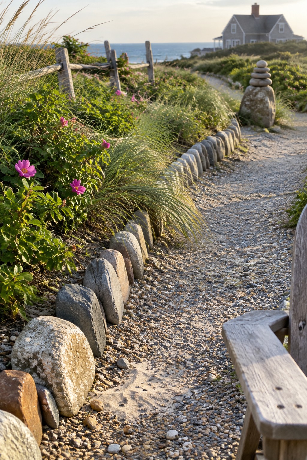 A gravel path lined with large rounded stones separating it from green plants and pink flowers, with a house visible in the distance.