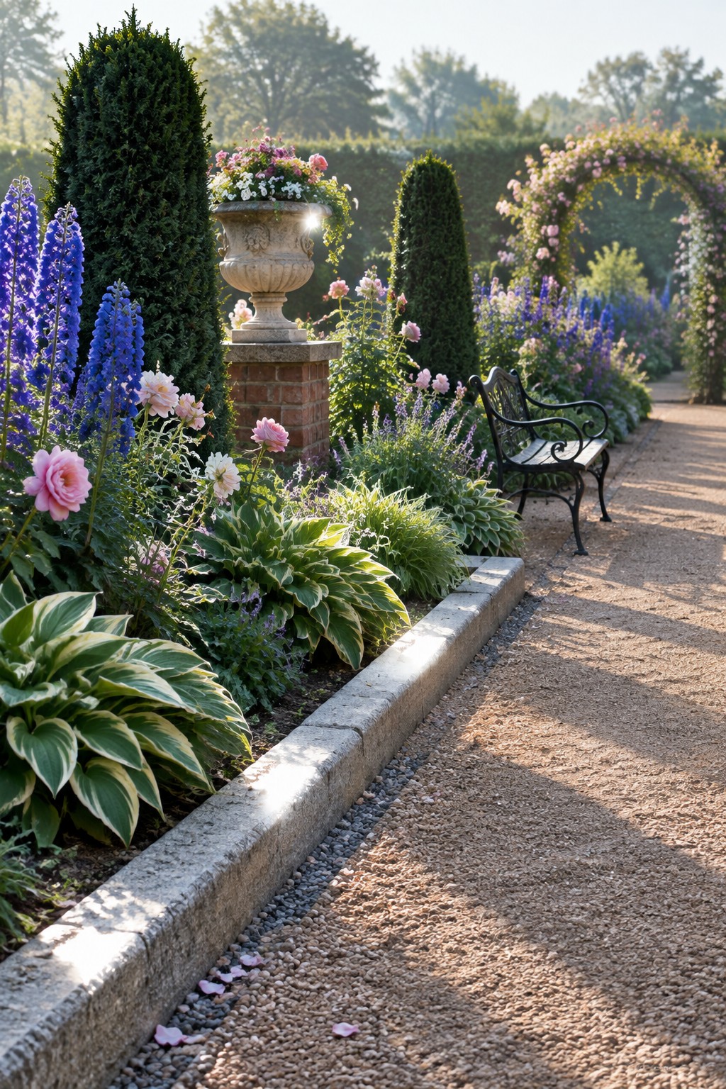 A gravel garden path edged with a low stone curb beside flower beds filled with hostas, roses, and tall blue flowers, with a black bench and a stone urn on a brick base.