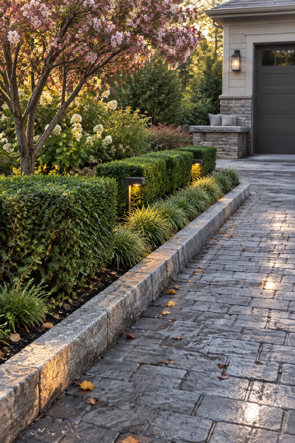 Manicured garden with pink blooms, hedges, grasses, and lit path lights by stone driveway
