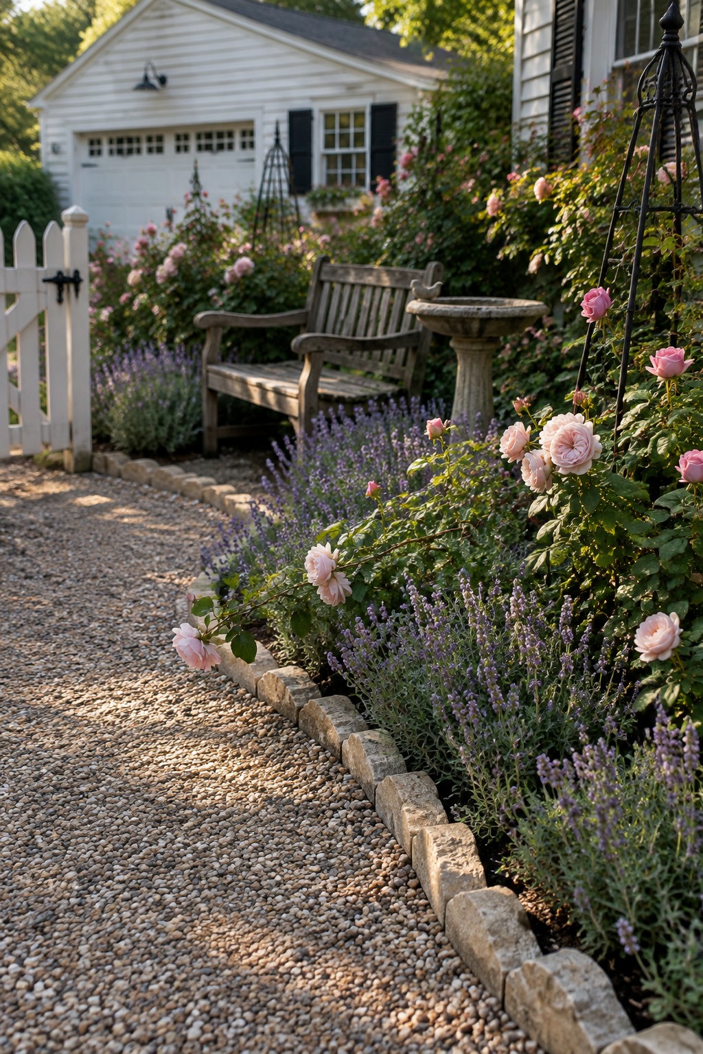 A gravel path lined with low stone edging runs beside flower beds filled with pink roses and purple lavender, with a wooden bench and white house visible beyond.