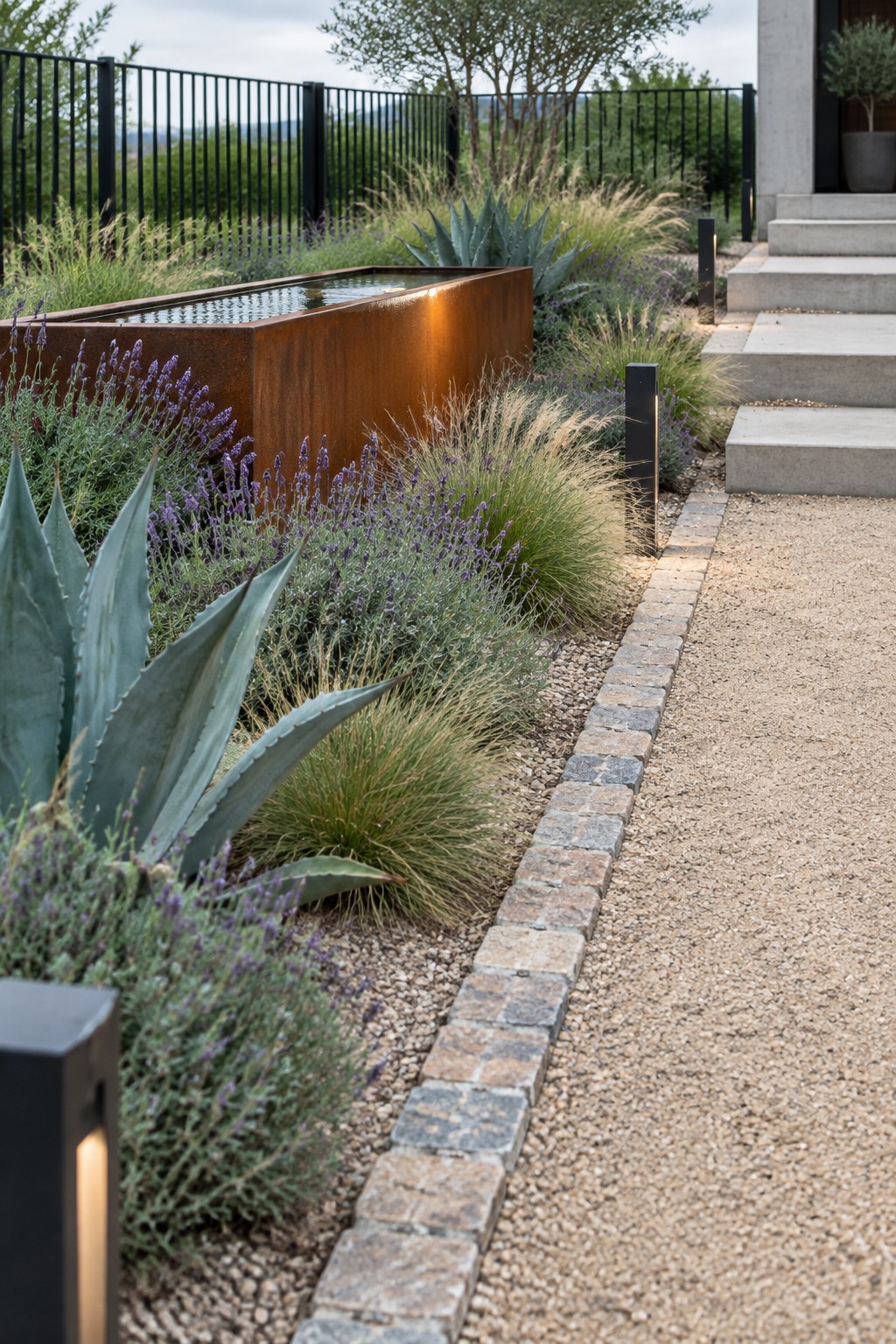 Modern garden with rusted metal water basin, lavender, agave, and gravel path to steps