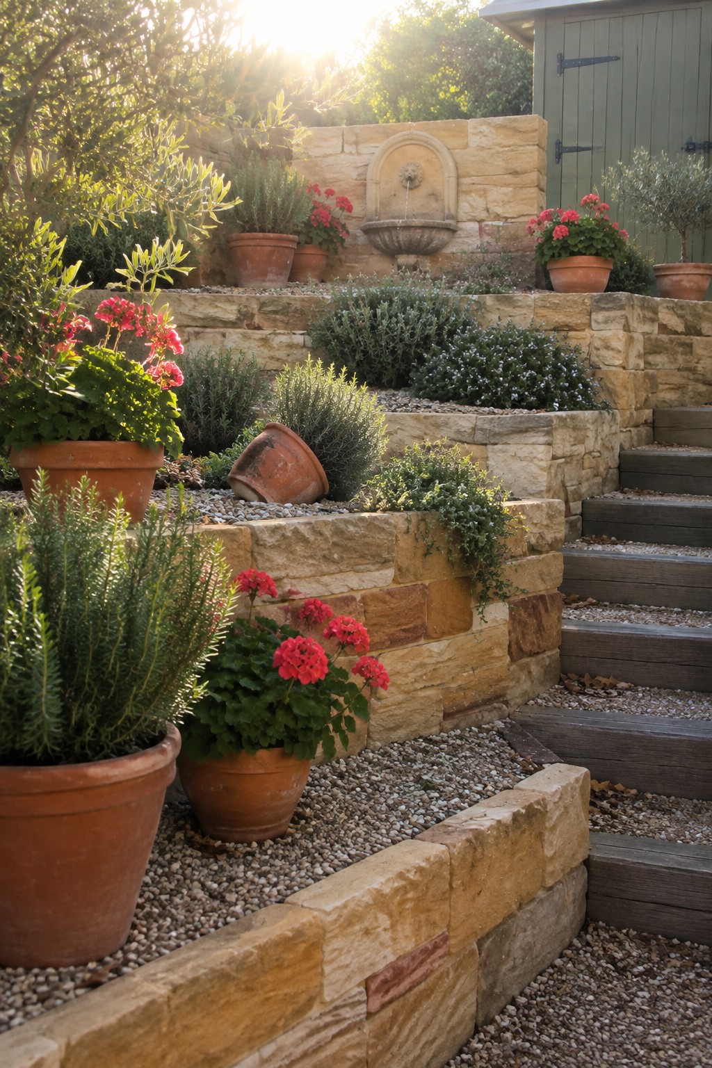 Terraced stone garden with red geraniums in terracotta pots and wooden steps.