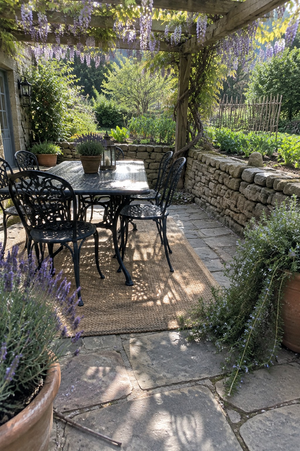 A stone patio bordered by a low stacked stone wall, with a metal dining set on a woven rug and potted lavender plants nearby.