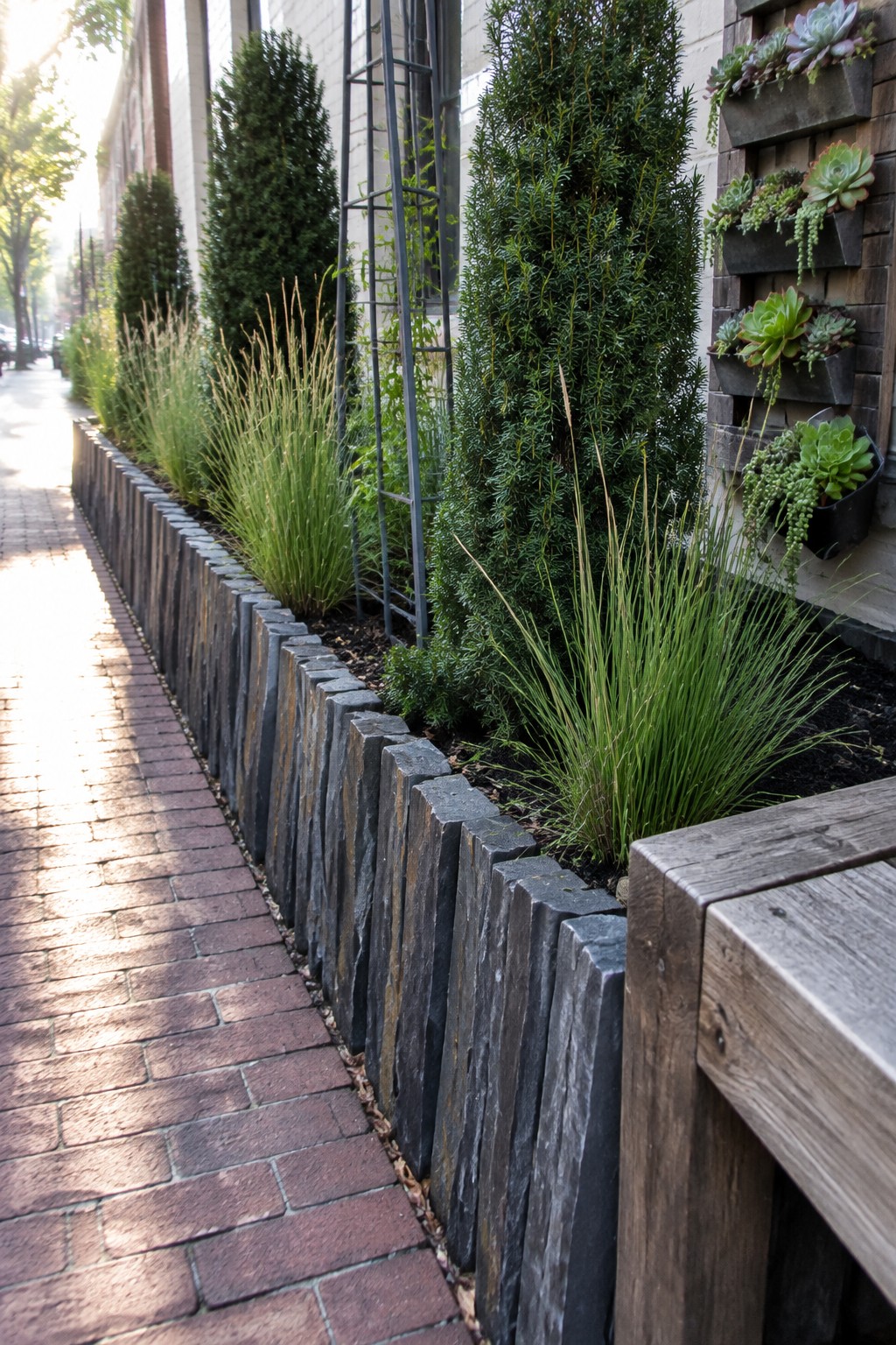 A long garden bed bordered by vertical dark stone slabs sits next to a brick path, with tall shrubs and grasses growing inside the bed.