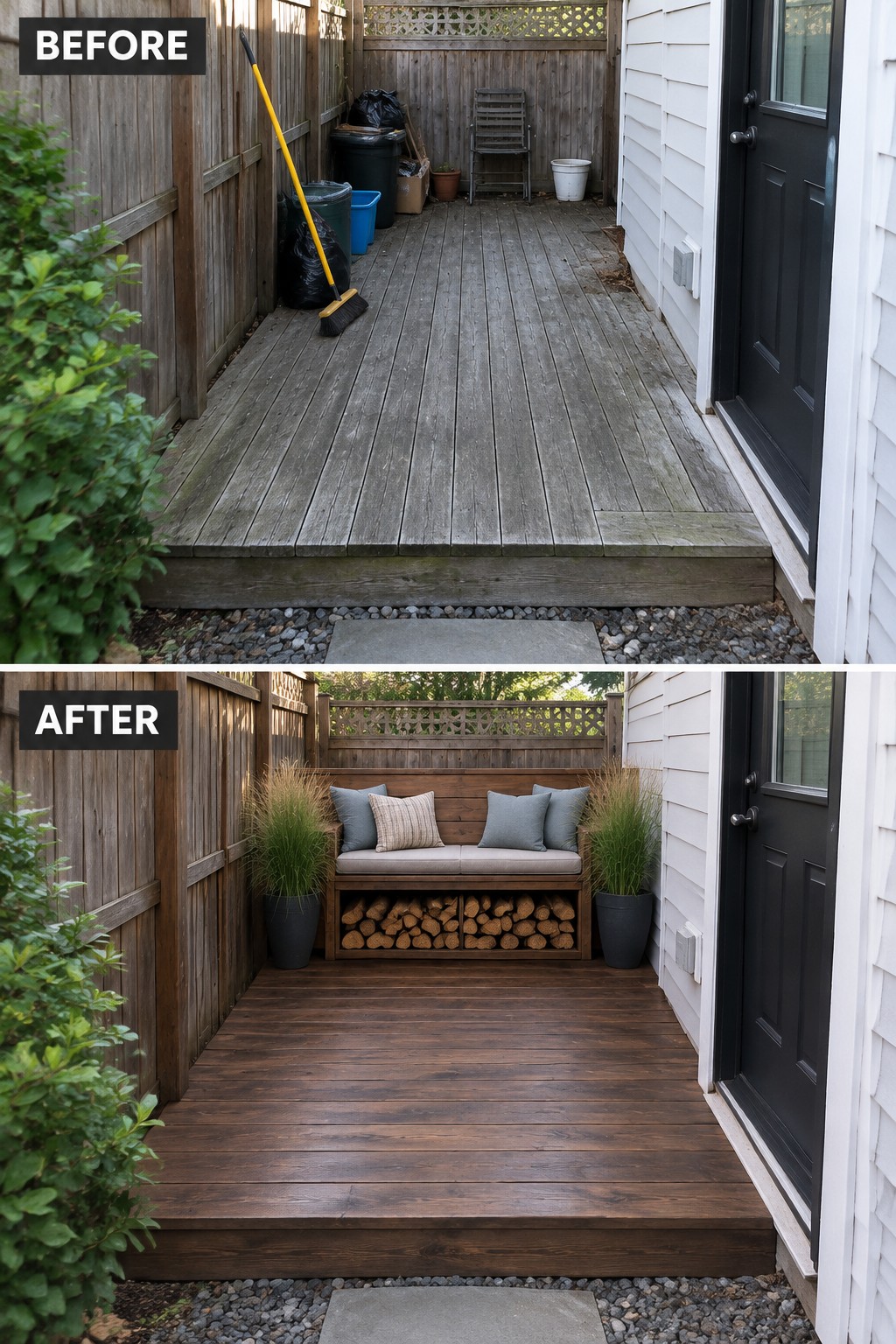 Before-and-after image of a cluttered wooden deck changed into a seating area with a built-in bench, cushions, and potted plants.