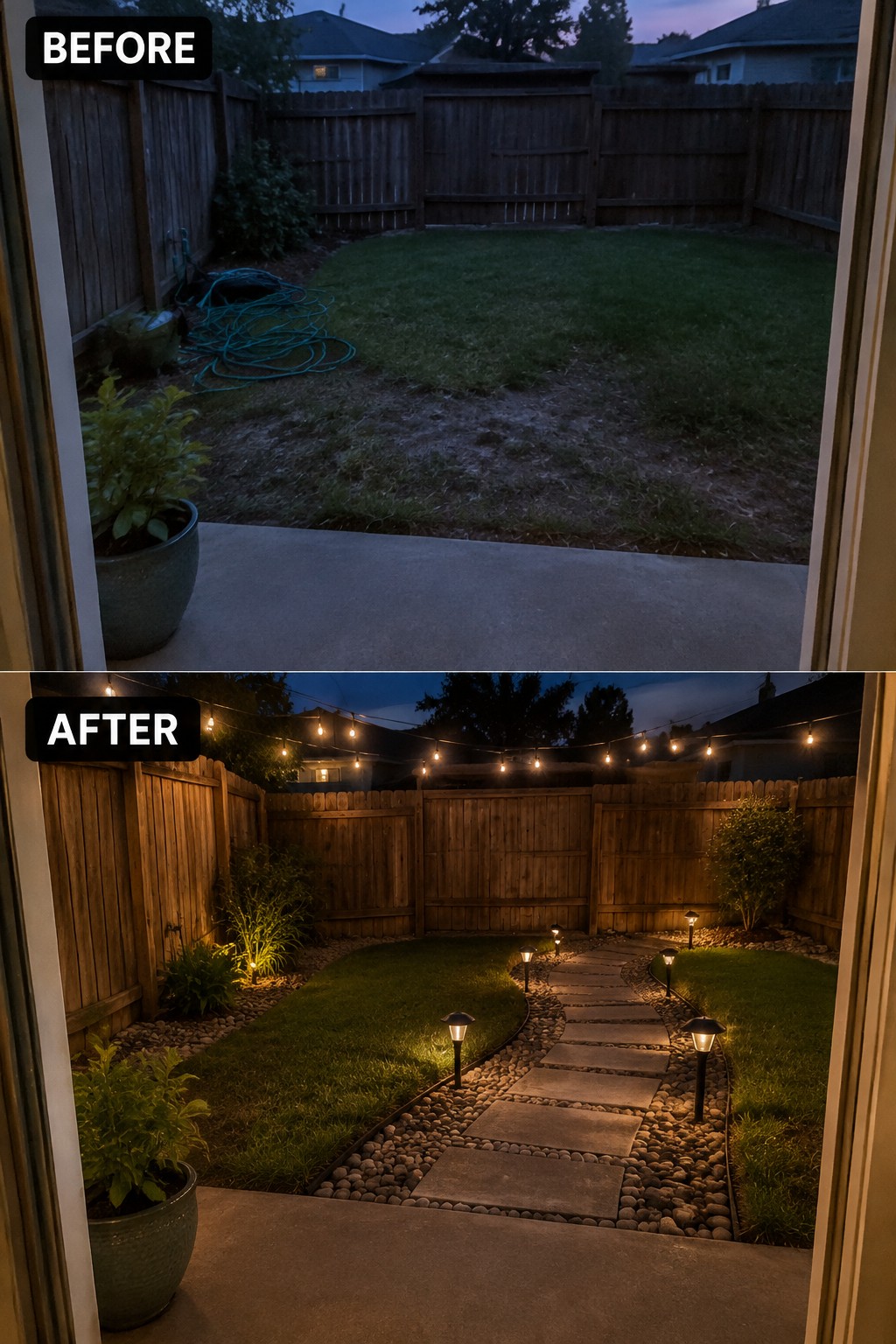 Before-and-after image of a bare backyard changed into a landscaped space with a winding stone path, pebble borders, path lights, and string lights overhead.
