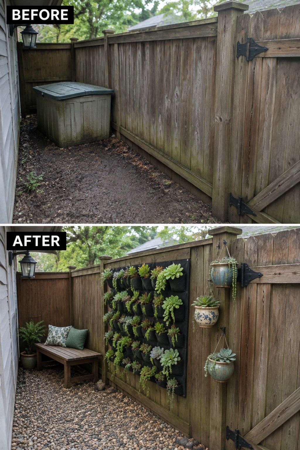 Before-and-after image of a bare backyard fence and dirt area changed into a space with a vertical succulent garden on the fence, gravel ground cover, and a small bench.