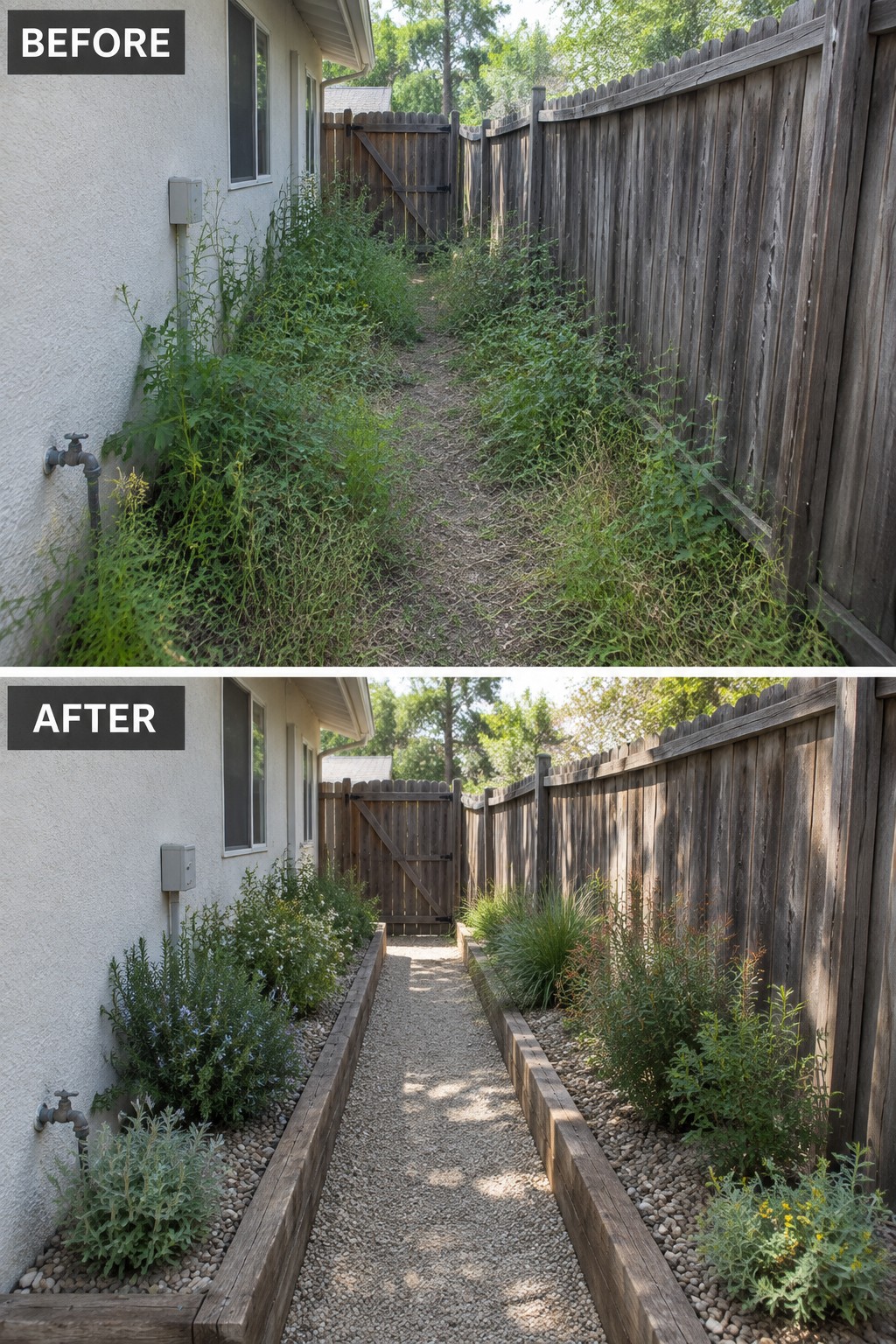Before-and-after image of an overgrown narrow side yard changed into a clean gravel path lined with wooden raised garden beds and structured planting.