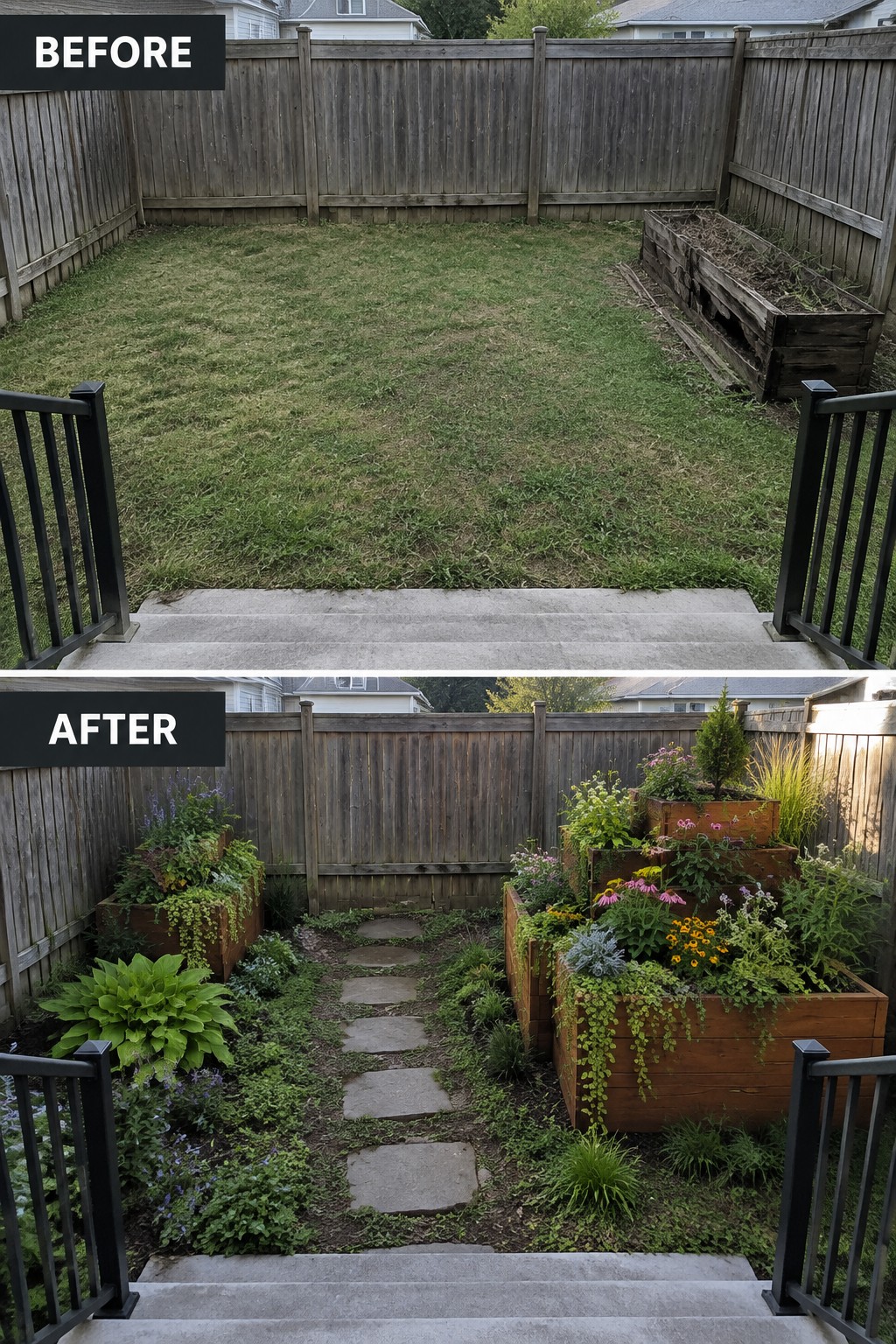 Before-and-after image of a bare backyard transformed with multiple raised wooden beds, a stone path, and layered garden planting.