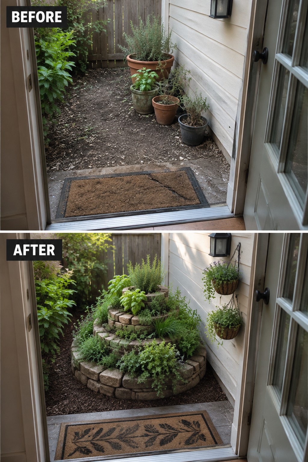 Before-and-after of doorway garden: scattered pots upgraded to tiered stone planter with hanging baskets.
