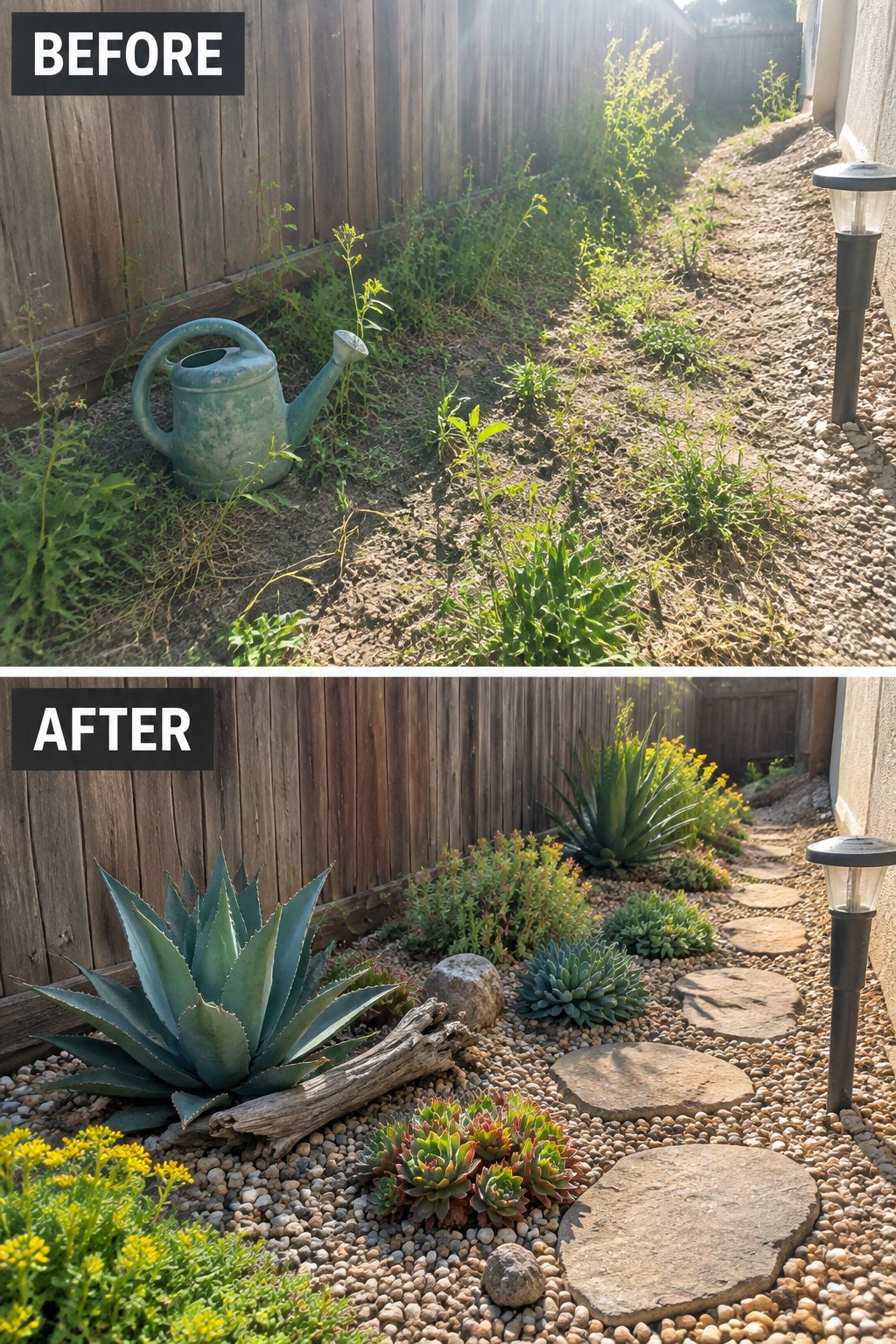 Before and after backyard garden transformed from weeds to succulents and stone path.