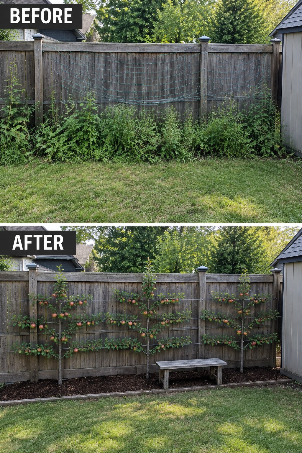 Before-and-after image of an overgrown backyard transformed into a clean landscaped area with trees trained on horizontal wires, a mulch bed, and a bench.