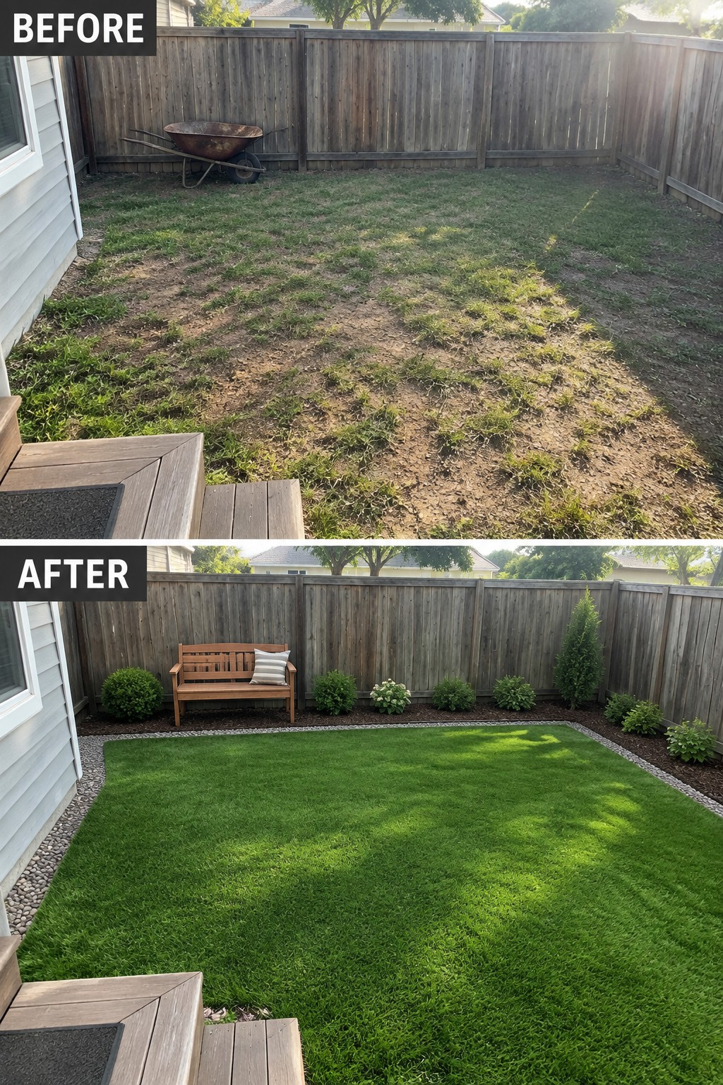 Before-and-after image of a patchy backyard changed into a neat lawn with gravel edging and planted garden borders along the fence.