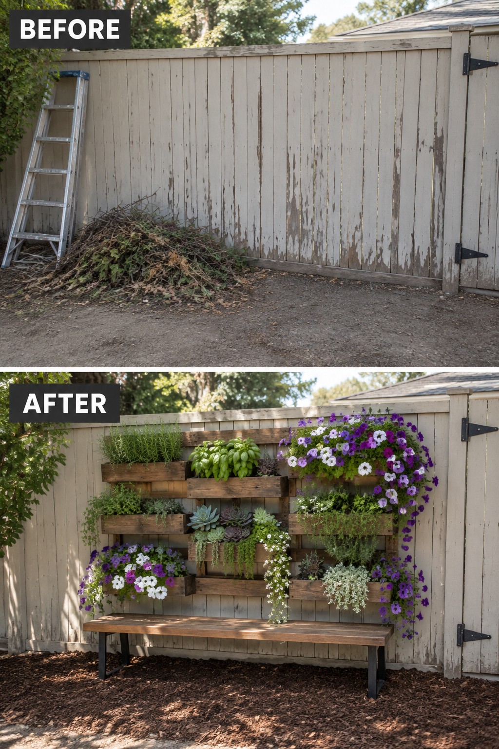 Before-and-after image of a messy backyard fence changed into a vertical garden wall with wooden planters, flowers, herbs, and a bench.