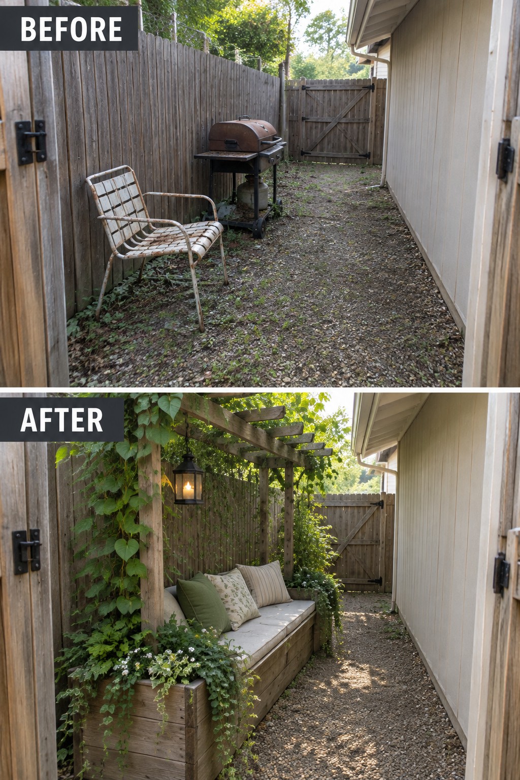 Before-and-after backyard makeover with rusty chair versus bench, pergola, and vines.