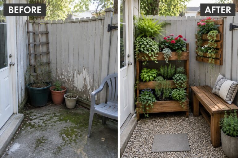 Before and after patio makeover with wooden planters, bench, and gravel ground.