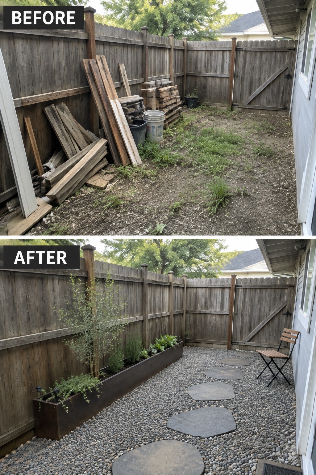 Before-and-after backyard makeover with gravel path, stepping stones, and metal planters