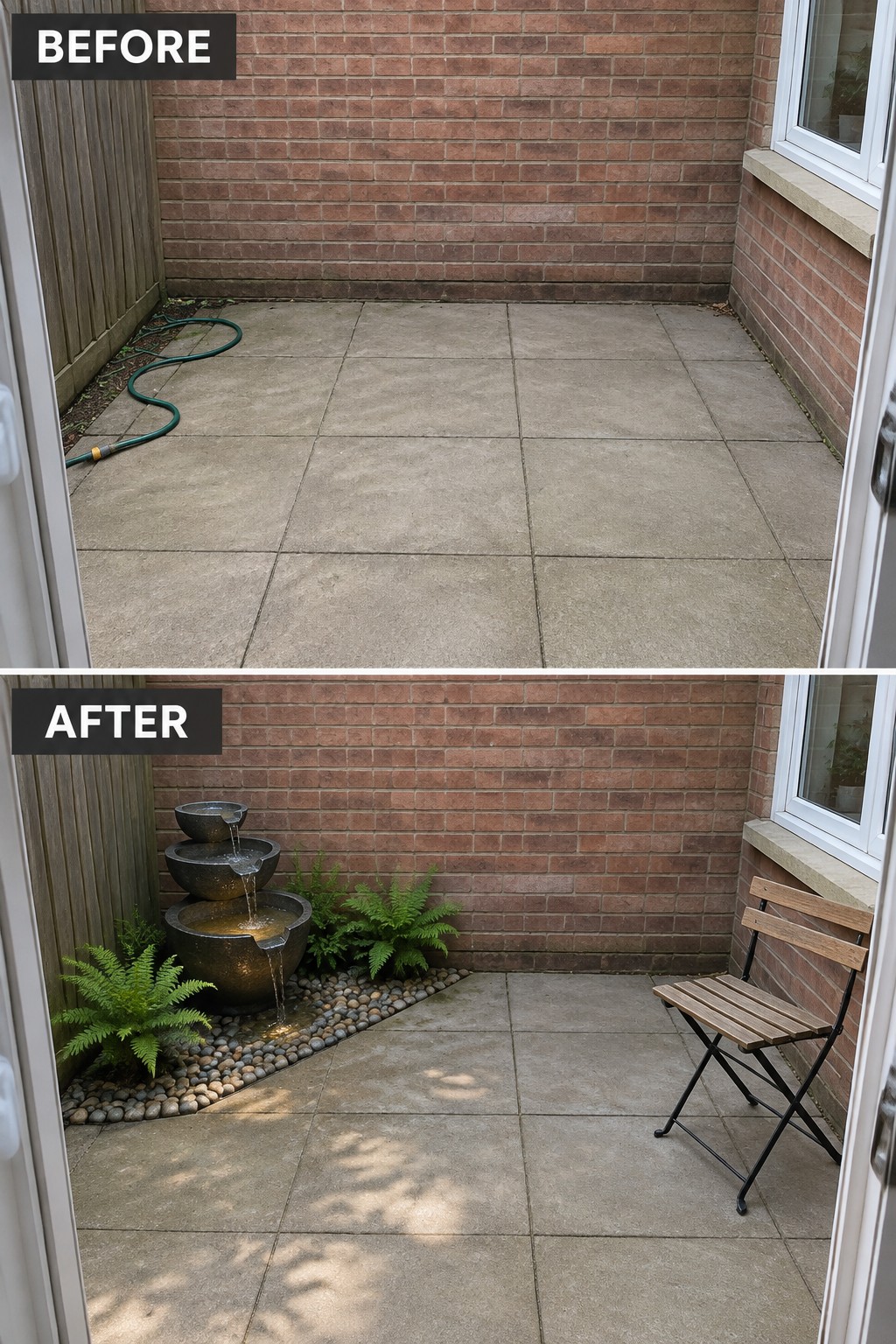 Before-and-after image of a bare concrete patio updated with a corner water fountain, surrounding plants, and a single folding chair.