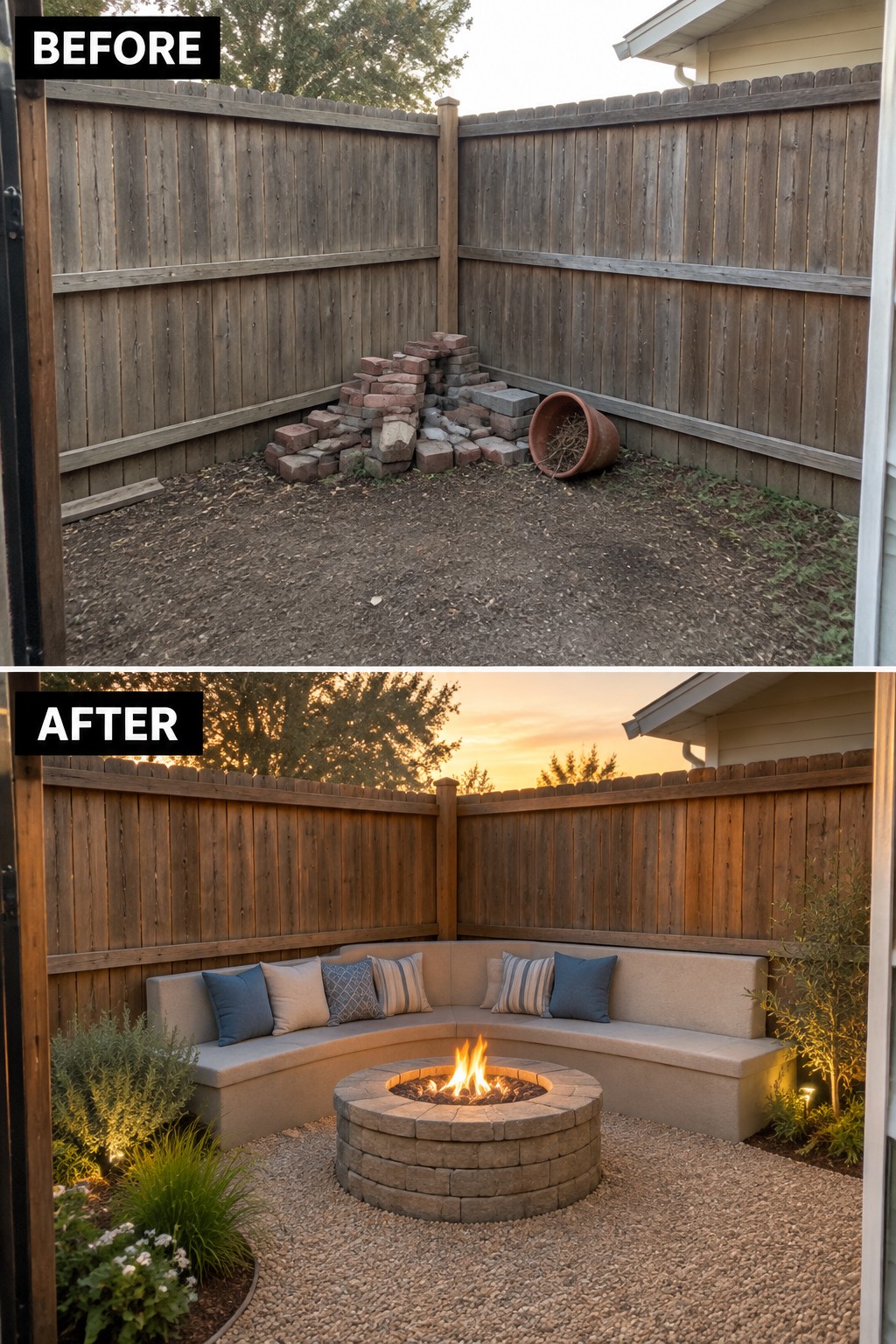 Before and after backyard with fire pit, curved bench, and sunset lighting