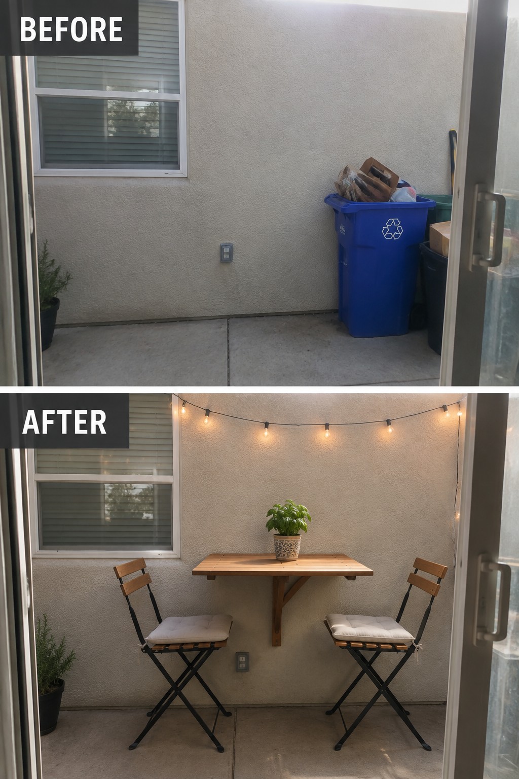 Before-and-after image of a cluttered concrete patio transformed into a compact seating area with a wall-mounted wooden table, two folding chairs, and string lights.
