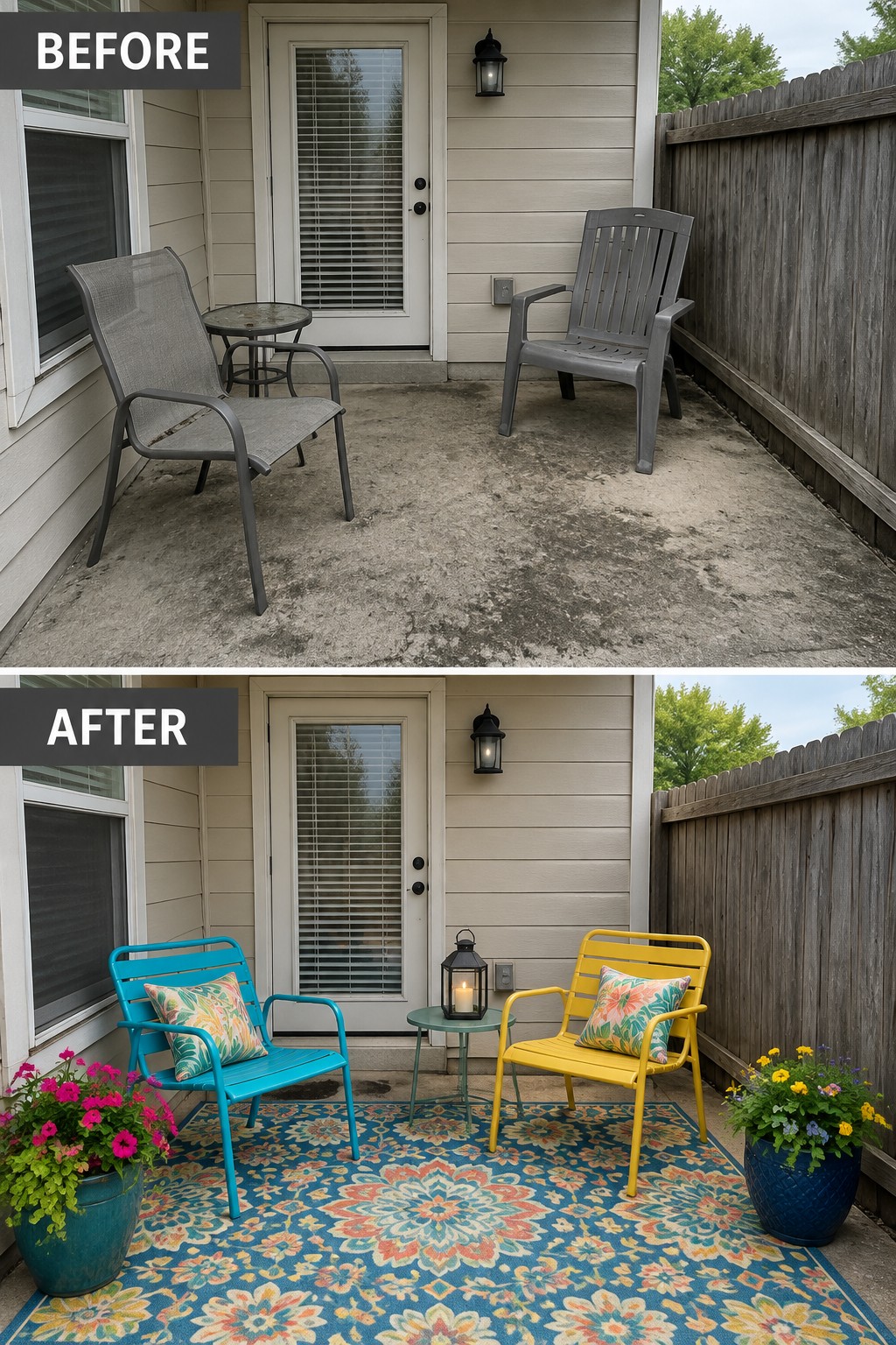 Before-and-after image of a concrete patio transformed with a colorful rug, bright seating, potted plants, and a lantern.