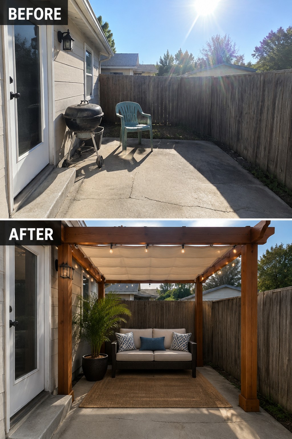 Before-after backyard patio: bare concrete with grill transforms to shaded pergola with sofa and lights.