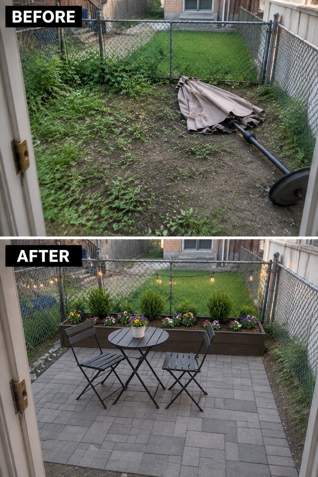 Before and after of backyard transformed into paved patio with table, chairs and flowers.