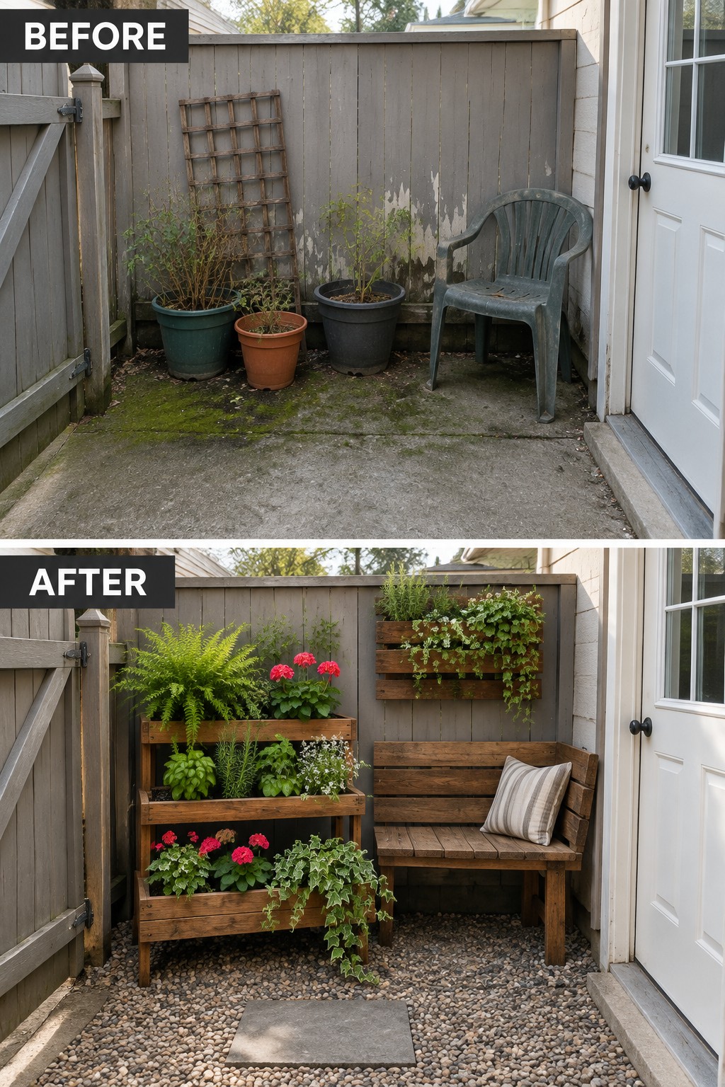 Before and after patio makeover with wooden planters, bench, and gravel ground.