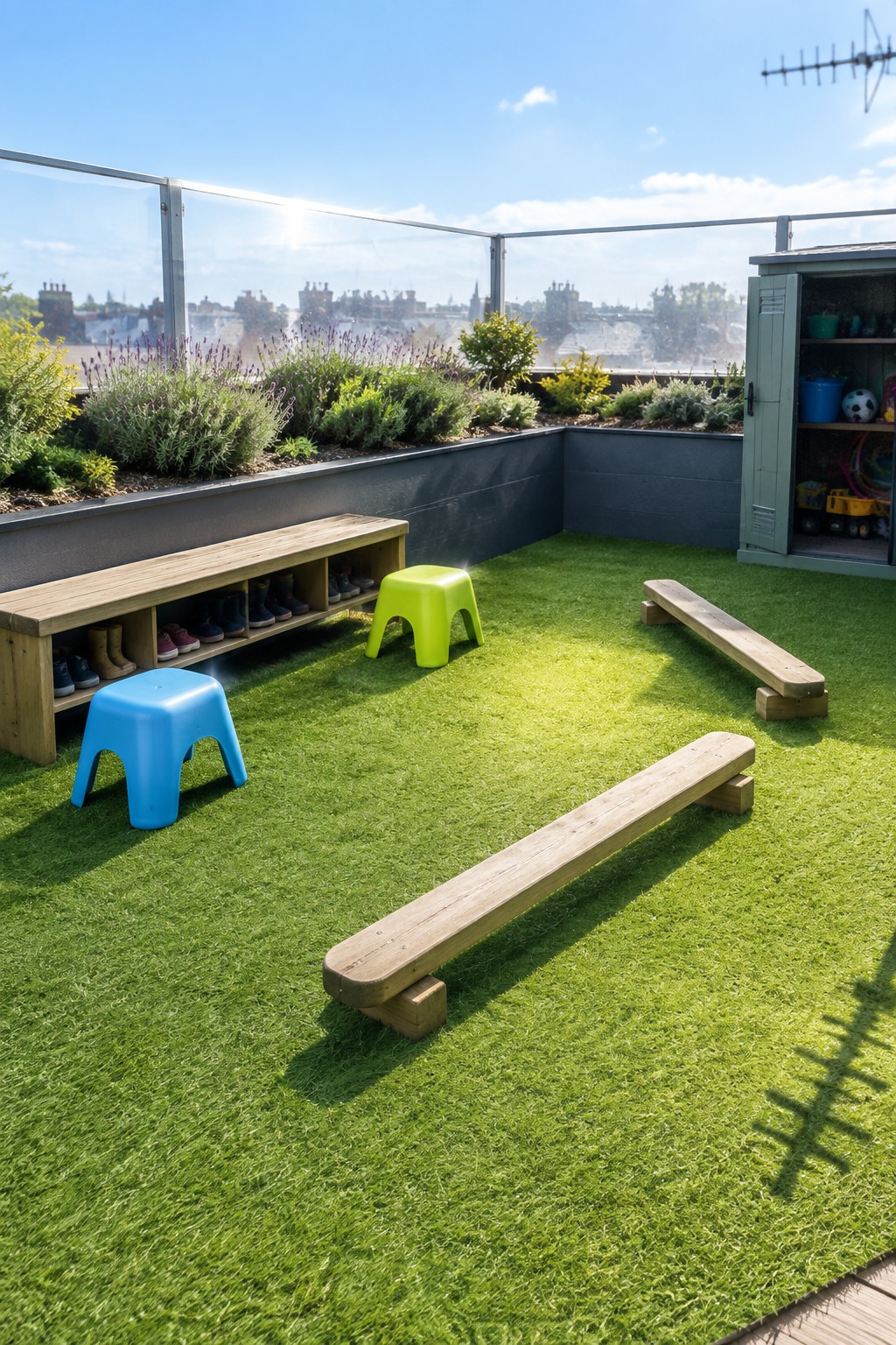 Rooftop terrace with artificial grass, wooden benches and stools, a storage shed, and raised planting beds with shrubs along the glass railing.