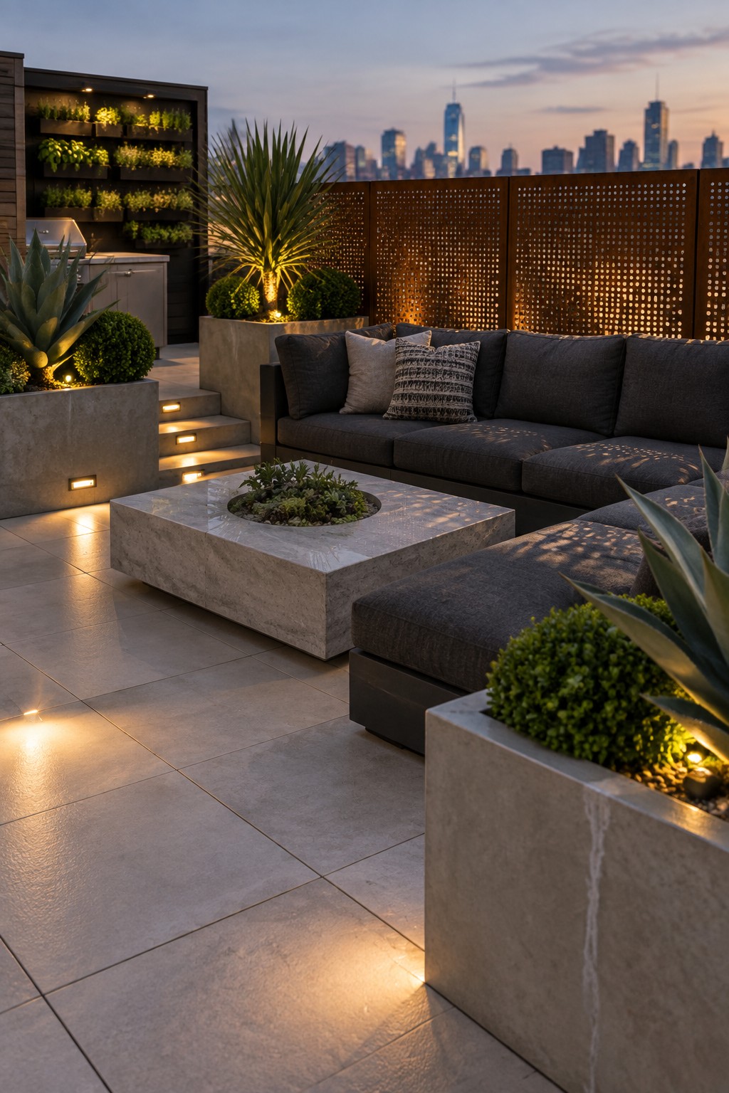 Rooftop terrace at dusk with a dark sectional sofa around a concrete fire pit table, bordered by large gray planters holding agave, shrubs, and grasses against a city skyline.
