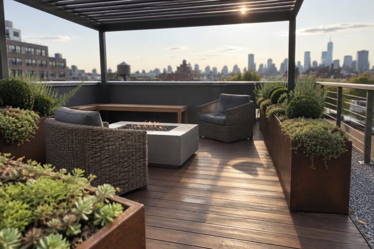 A rooftop terrace with dark wood decking, wicker chairs around a concrete fire pit, and long metal planters filled with green succulents and shrubs overlooking a city skyline.