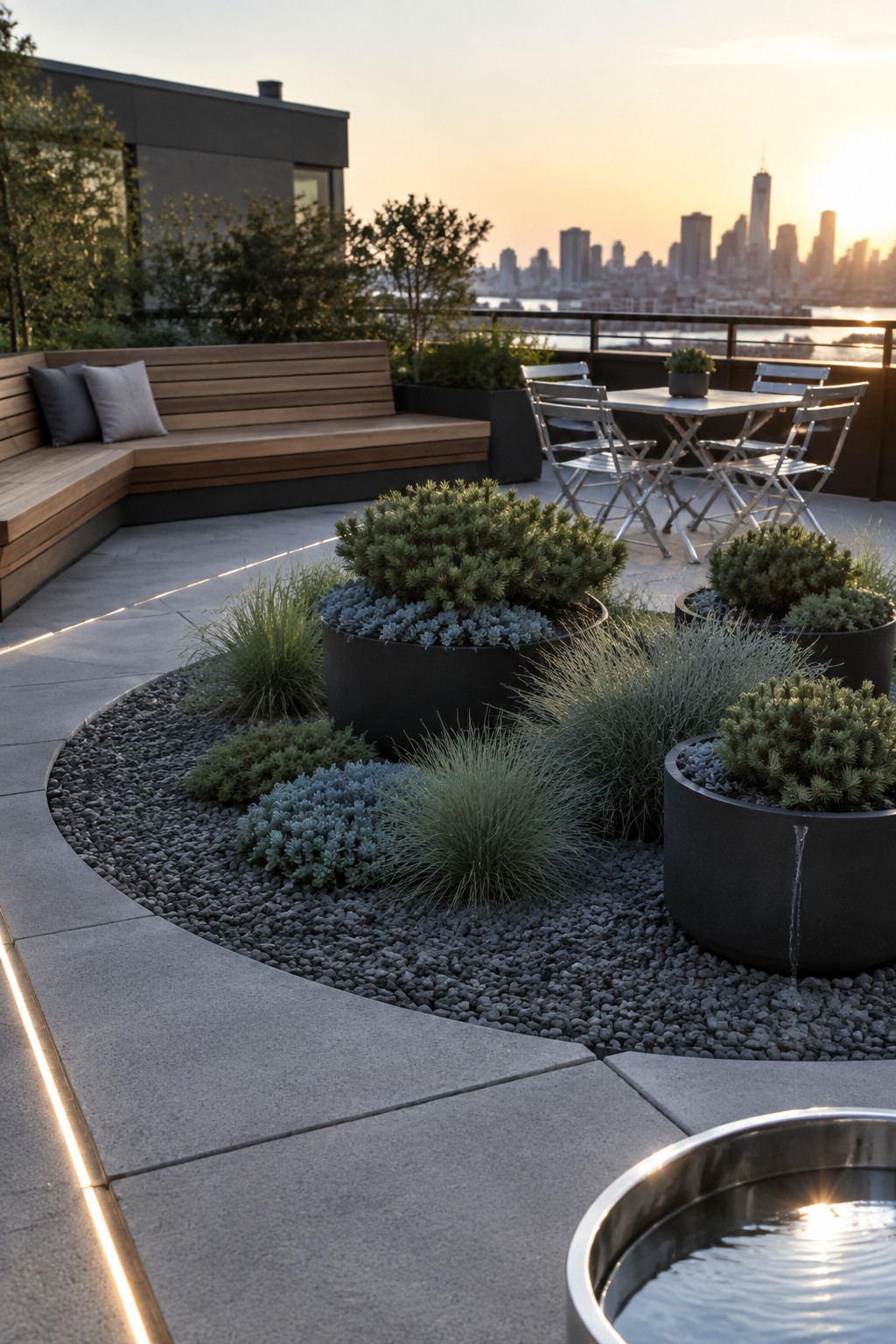 Rooftop terrace with wooden bench seating, metal dining chairs, black containers of shrubs and grasses arranged in a gravel bed, city skyline visible at sunset.