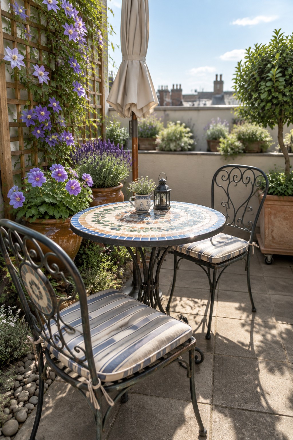 A round mosaic-top table with two metal chairs on a stone terrace, surrounded by large terracotta pots of purple clematis and lavender, with a closed patio umbrella and distant rooftops visible.