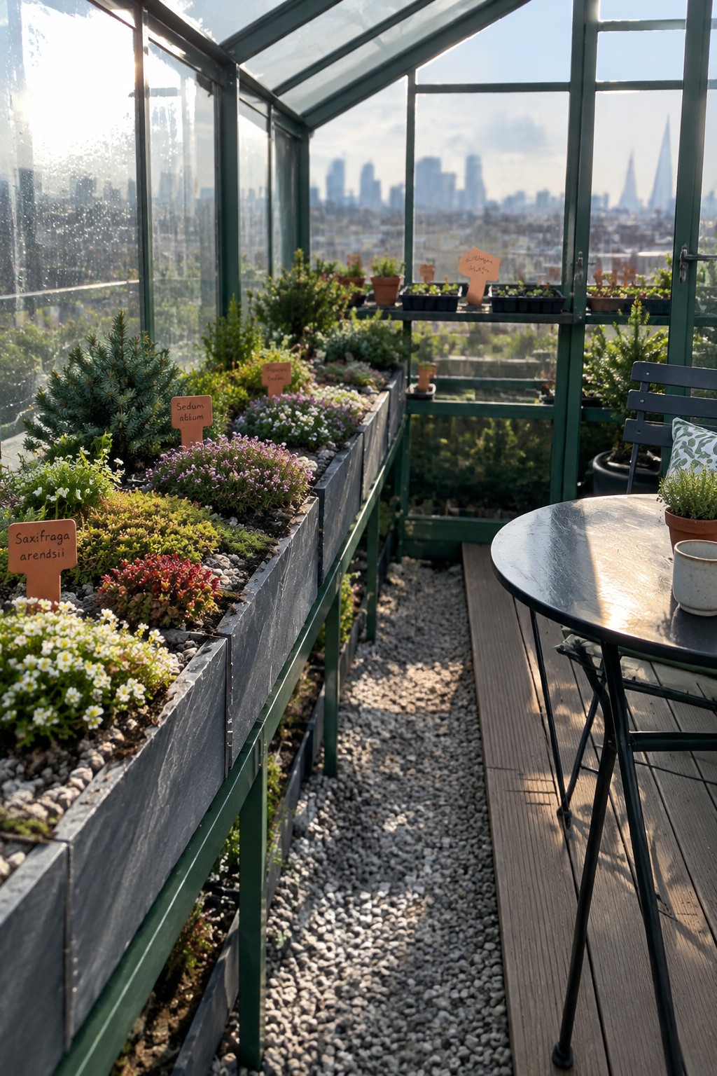 Sunlit rooftop greenhouse with labeled plants, gravel path, and table overlooking city skyline.
