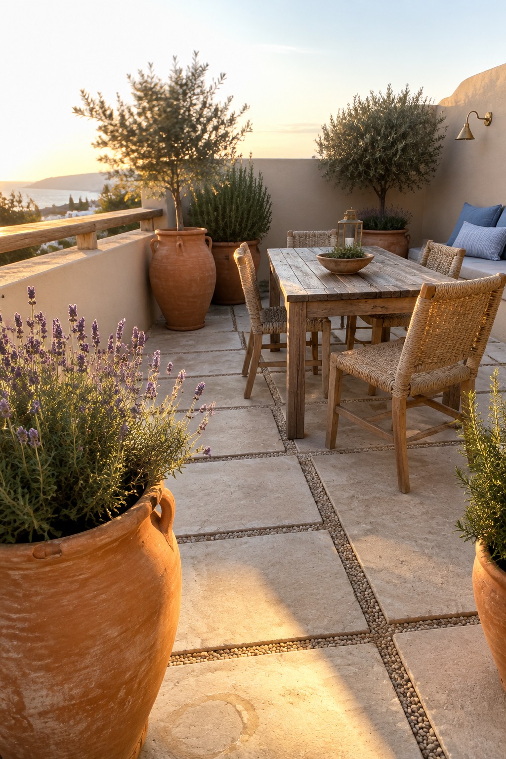 A rooftop terrace paved with large stone tiles holds a wooden dining table with woven chairs and several oversized terracotta pots containing olive trees, lavender, and rosemary.