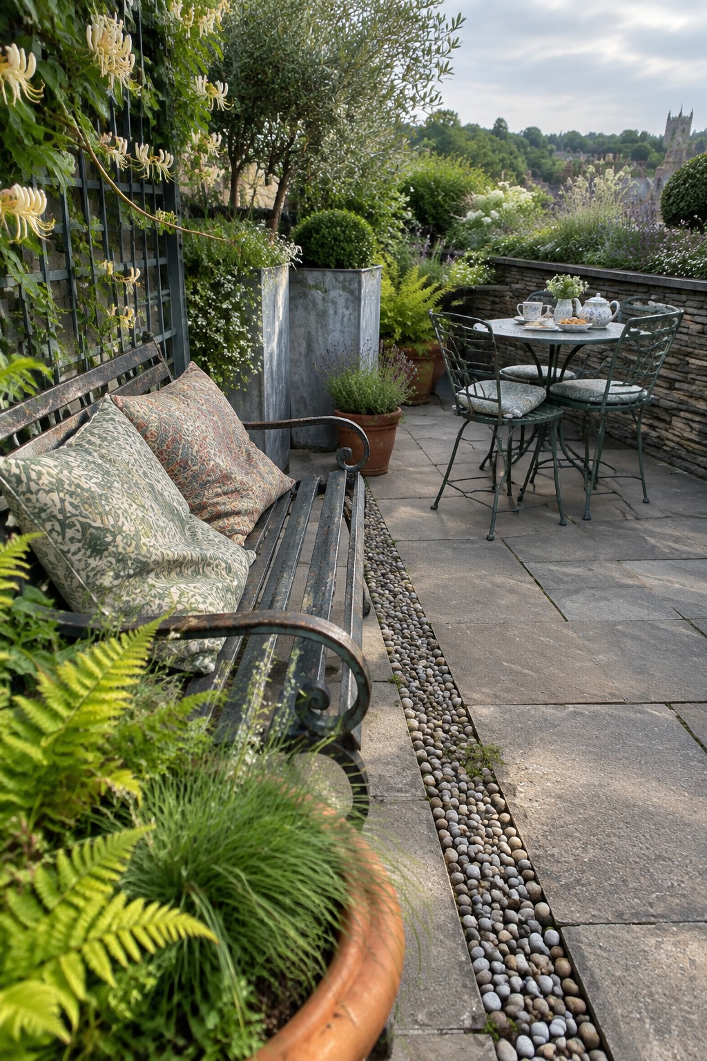 A paved stone terrace with a metal bench, green metal table and chairs, and multiple potted plants including ferns in terracotta and shrubs in metal containers.