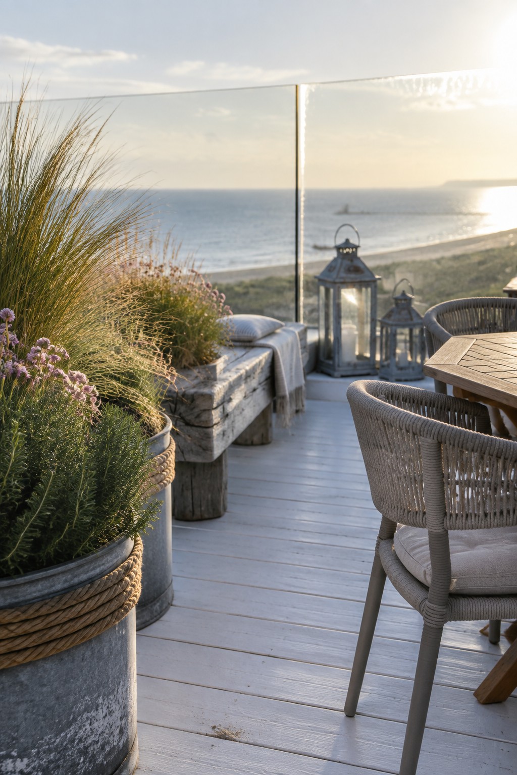 Seaside deck with potted plants, rustic bench, lanterns, and ocean view at sunset