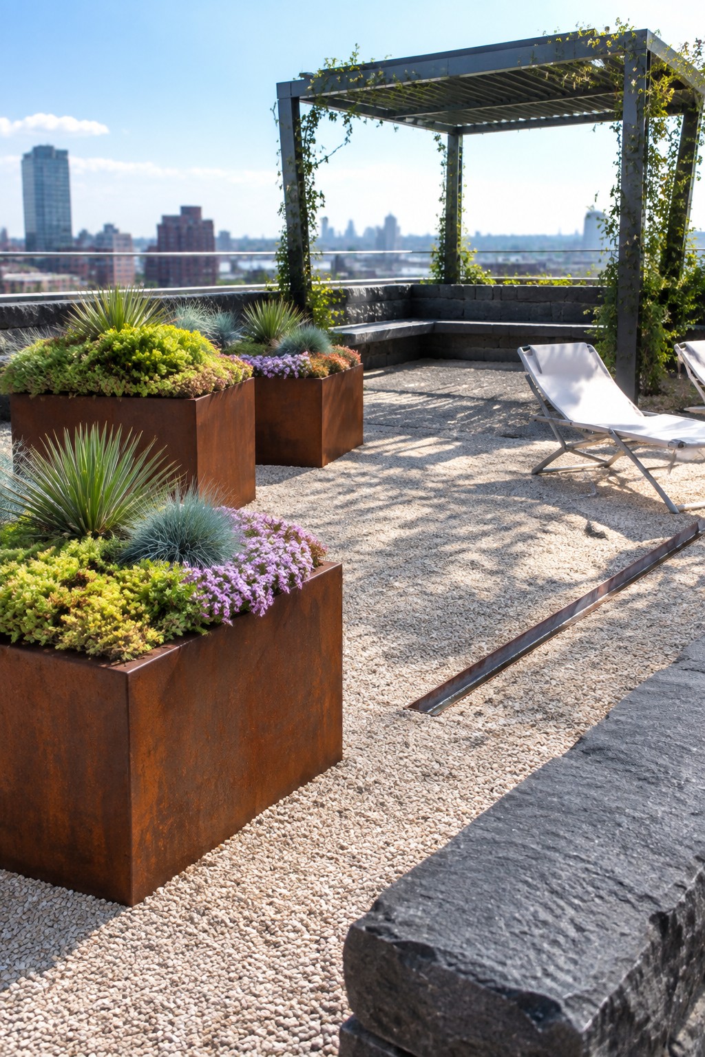 Rooftop terrace with multiple large rusty metal planters containing green and purple plants, white lounge chairs, gravel surface, and a metal pergola with city skyline in the background.