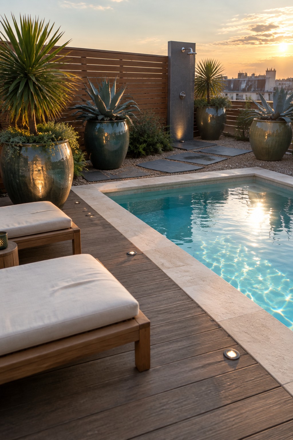 A rooftop pool area with a wooden deck, white lounge chairs, large ceramic pots holding spiky plants, and an outdoor shower at sunset.