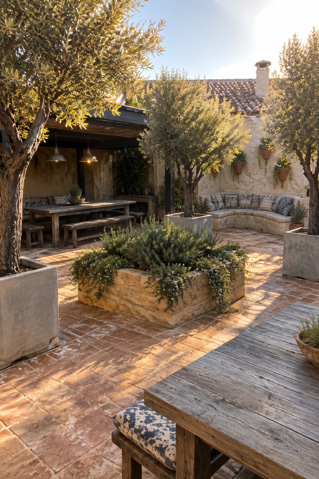 A courtyard patio with terracotta tiles shows large stone planters holding olive trees and shrubs next to wooden tables, benches, and a curved built-in seat against a stucco wall.