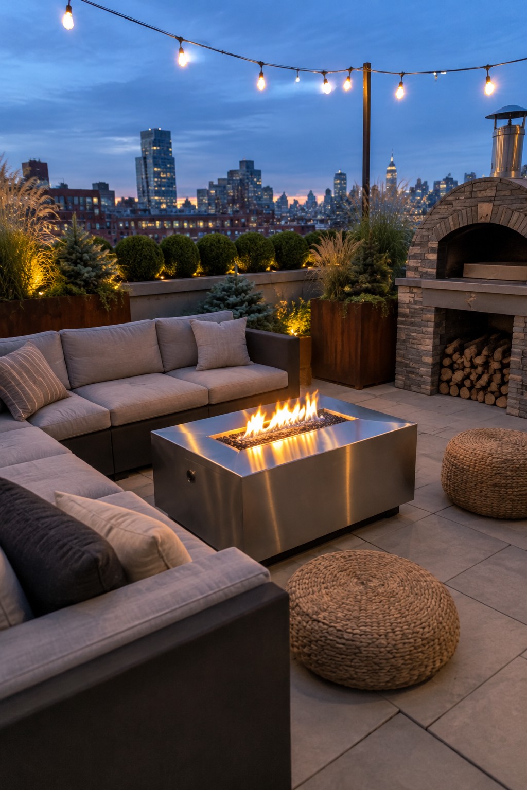 A rooftop terrace at dusk features a stainless steel fire pit surrounded by gray sectional sofas, woven ottomans, string lights overhead, a stone pizza oven, and multiple large containers holding shrubs and ornamental grasses against a city skyline.